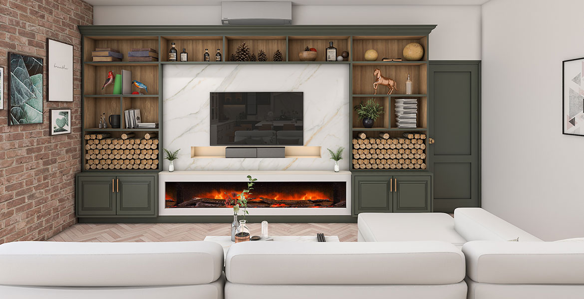 A modern TV unit with marble back paneling