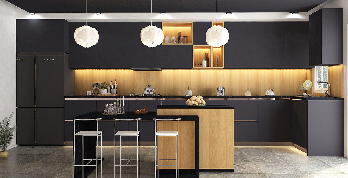 A pretty kitchen rendered design in the dark hues