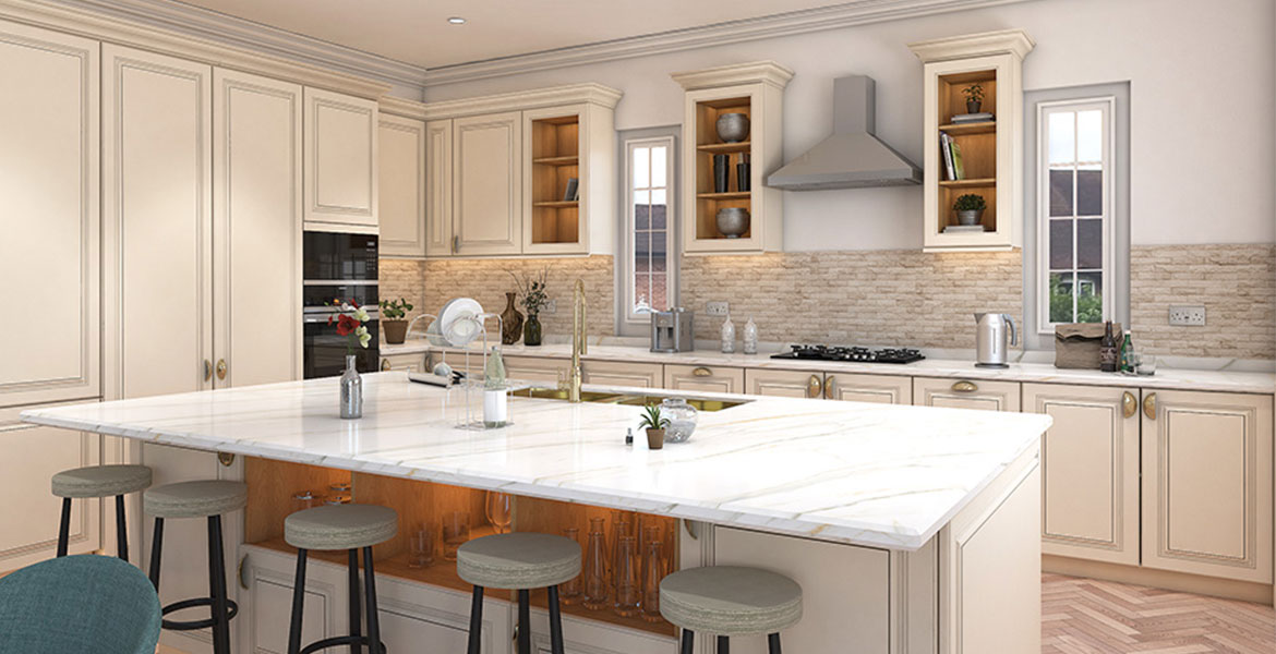 Kitchen design in elegant white and pretty pastels