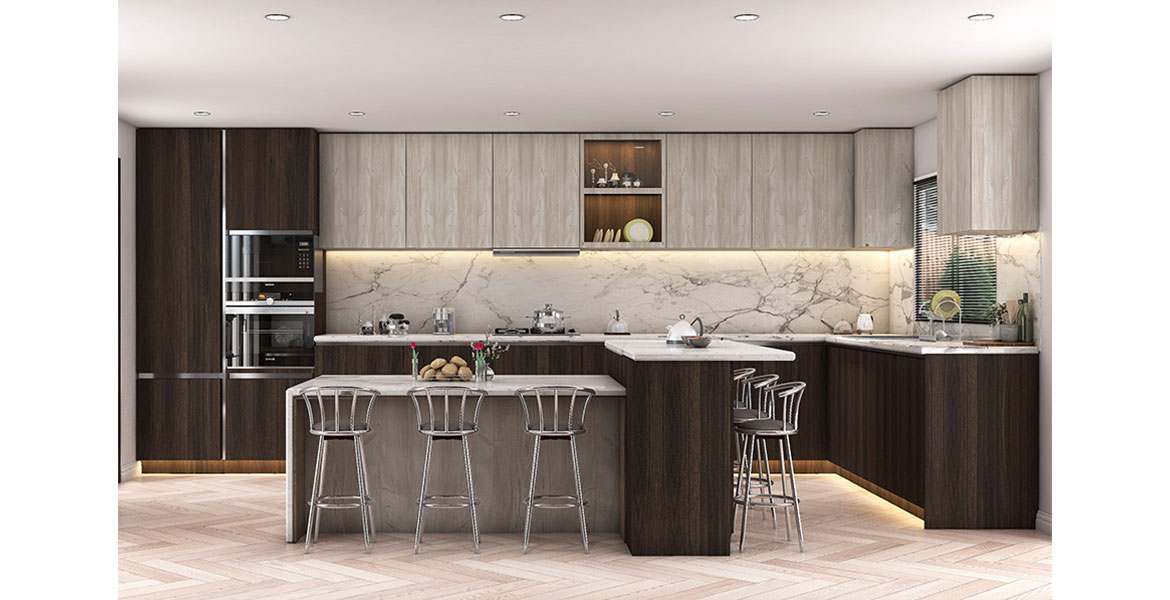 Modular L-shaped kitchen renders with island setup
