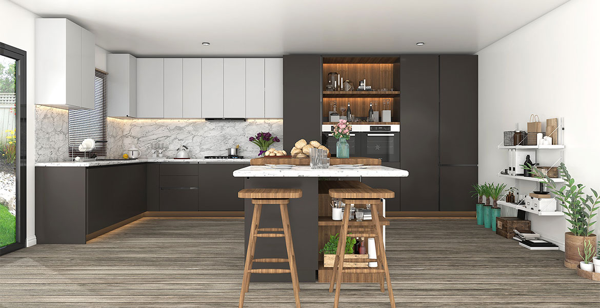 Modular matte black and white kitchen render