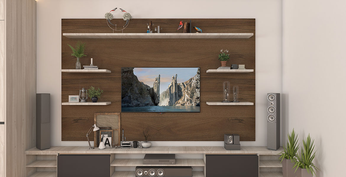 Wooden backdrop media unit with floating shelves