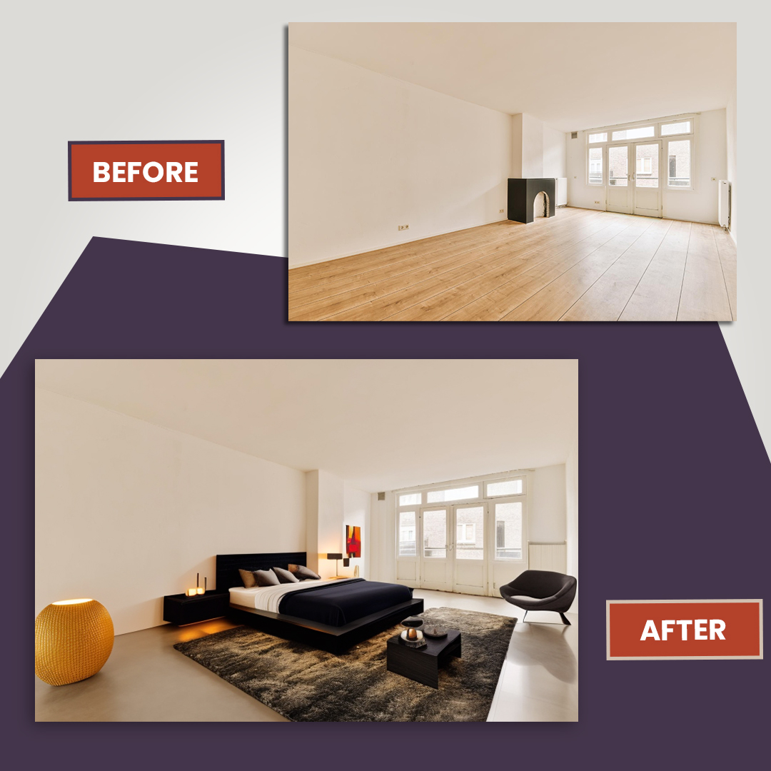 Virtual staging before and after of bedroom